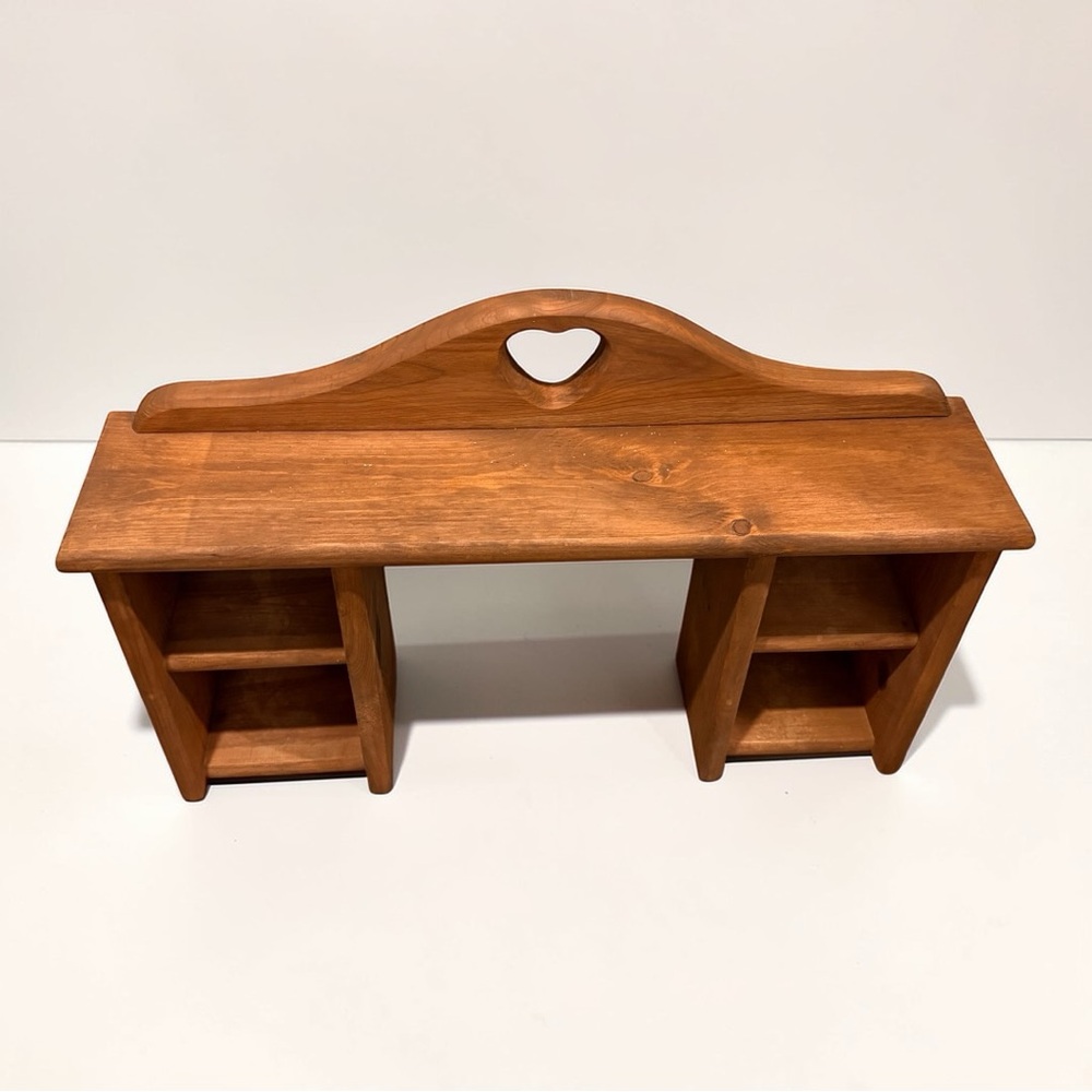 Vtg 1980 Heart Cutout Solid Wood Wall Display Shelf Organizer W/ Hooks & Cubbies - Picture 4 of 16